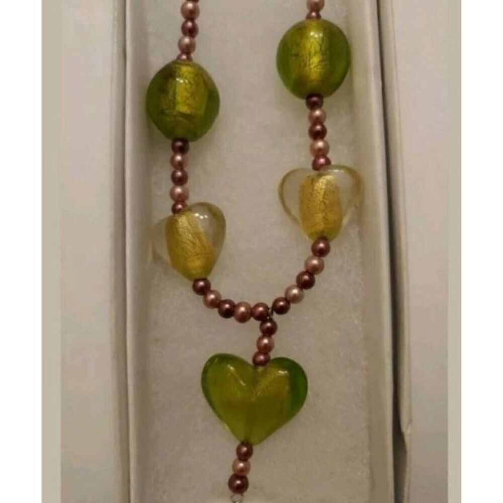 Handmade 18" Necklace GREEN/YELLOW GLASS Round & heart shapes